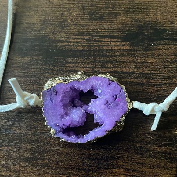 Row Purple Agate Handmade necklace On leather adjustable strings - Picture 1 of 4